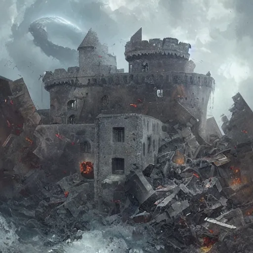 Prompt: Ruined parts of a castle flying inside a hurricane, flying islands, rubble, oil painting, by Greg Rutkowski