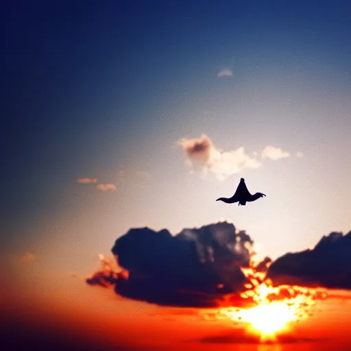 Image similar to Close-up realistic shot of a radiant white dove flying over the clouds at sunset, ethereal, vintage photograph, film grain, surreal, awe-inspiring, highly detailed