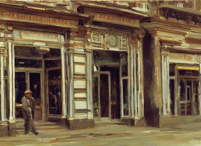 Prompt: artwork painting of the storefront front of a building by ivan shishkin, john singer sargent