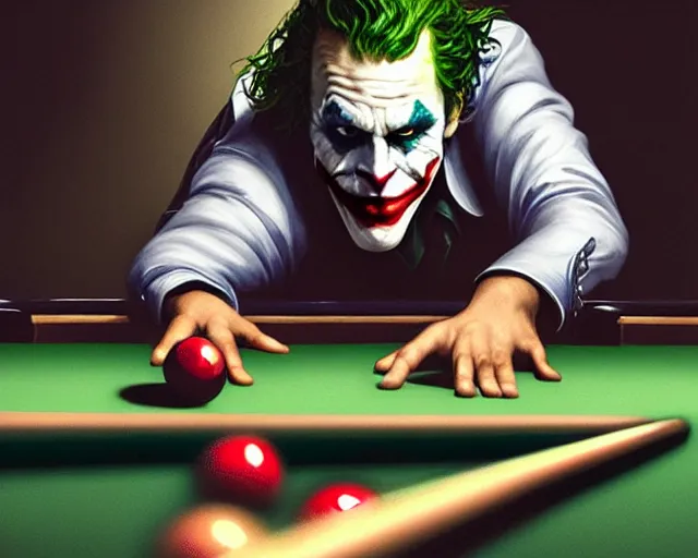 Image similar to photography of the joker playing pool, deep focus, intricate, elegant, highly detailed, digital painting, artstation, concept art, matte, sharp focus, illustration, hearthstone, art by artgerm and greg rutkowski and alphonse mucha