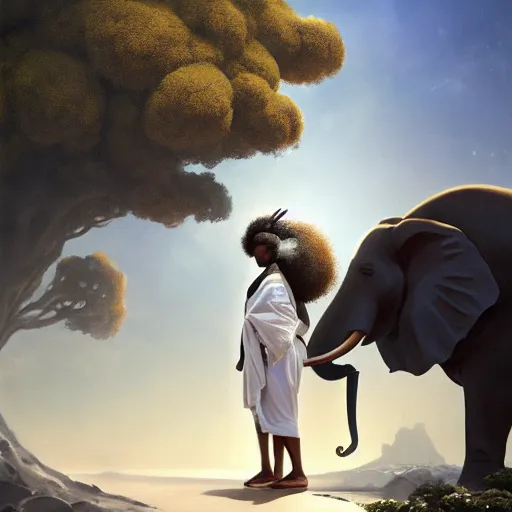 Image similar to a black girl with afro puffs wearing a white robe riding a giant steampunk elephant in a black sand oasis with an acacia tree, by greg rutkowski and android jones, oil on canvas, 8k hd,