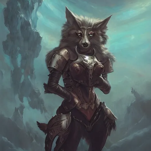 Prompt: anthropomorphic wolf woman wearing armor, digital painting, fantasy, ethereal, brooding, hellish background, art by peter mohrbacher, trending on artstation