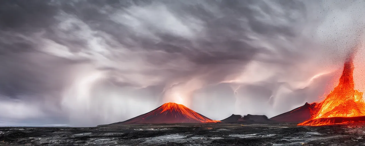 Prompt: erupting icelandic volcano in a severe thunderstorm, in style of Aivazovsky, epic lighting, ultra realistic, 4k, hyper details,