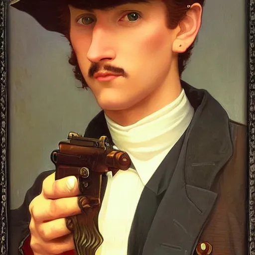 Prompt: a vintage portrait painting of a fantasy gentleman gunslinger, art by tristan eaton and artgerm and william - adolphe bouguereau