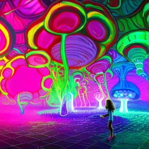 Image similar to Little girl wandering among many giant glowing mushrooms, Neon colors, psychedelic art, trippy, 4k, HQ, Trending on Artstation