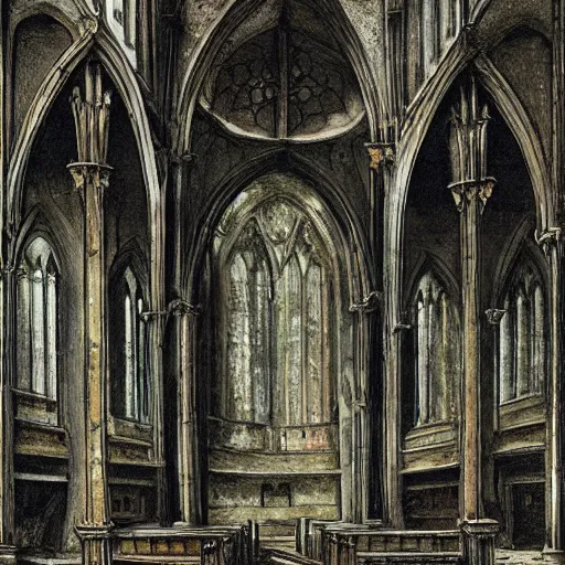 Prompt: abandoned and eroding church with a skeleton in the pews, gothic art, color, detailed