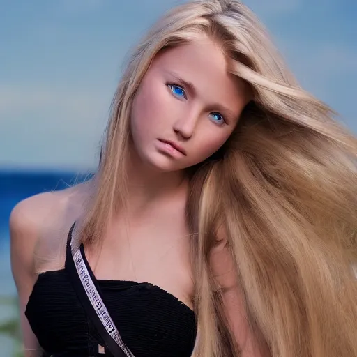 Image similar to photograph : a very beautiful teenage model with 2 0 meters extremely long blond hair, full body, extremely long wavy 2 0 meters long blond hair, sky blue eyes, full round face,, bikini, miniskirt, front shot, extremely long thick blond hair