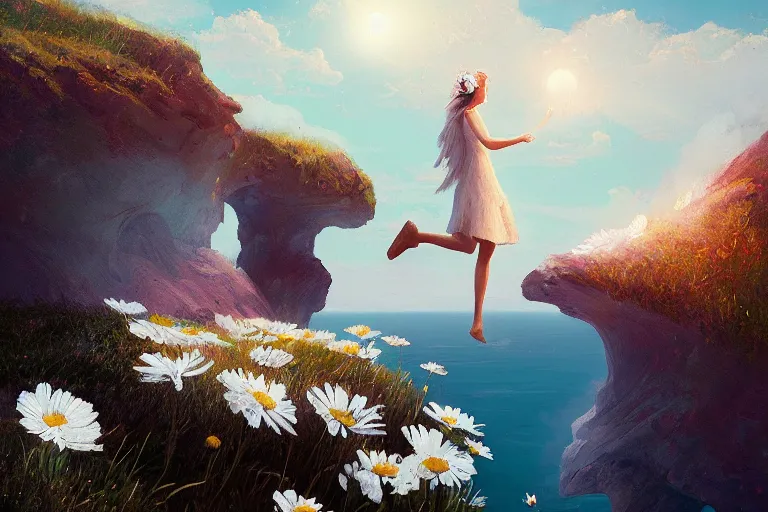 Prompt: giant white daisy flower as head, girl walking on cliff, surreal photography, solar eclipse, milky way, dramatic light, impressionist painting, clouds, digital painting, artstation, james gilleard, liam wong, jeremy mann, simon stalenhag