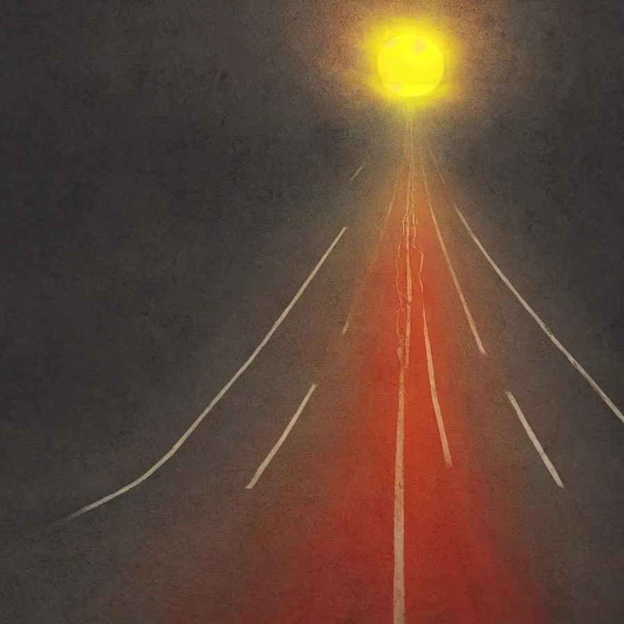 Prompt: atmospheric original artwork of a highway road that is a blood artery leading to the heart's core, which is like the sun.