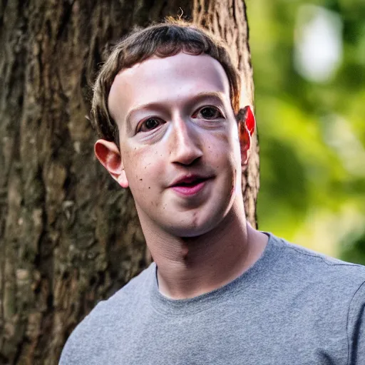 Image similar to high quality photo of mark zuckerberg hiding behind a tree, photography 4k, f1.8 anamorphic, bokeh, 4k, Canon, Nikon