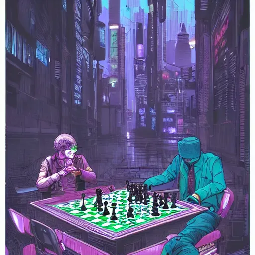 Image similar to high detailed people playing chess in a cyberpunk rainy city at night by josan gonzalez, hand drawn, illustration, purple and blue neons, unreal engine, high quality, 4 k, uhd, trending on artstation, wires, blade runner vibes, ghost in the shell, akira, dorohedoro