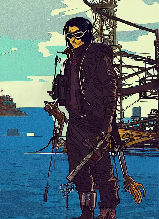 Prompt: hector tanaka. cyberpunk arasaka assassin on skiff. oil rig in the background. portrait illustration, pop art, art by ashley wood, alphonse mucha, laurie greasley and josan gonzalez. cinematic. dynamic lighting. realistic proportions. creative design. cell shading