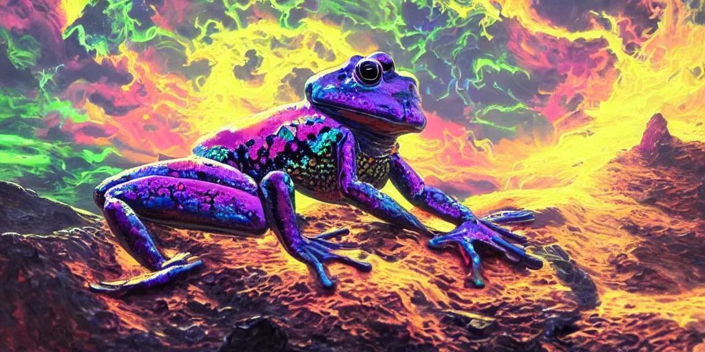 Prompt: [ style ] [ oil painting ] [ palate ] [ vibrant gothic colors ] 👾 👽 frog samurai, vibrant neon nebulous clouds, radiant light rays, photorealistic painting, intricate and fine details, volumetric lighting, artstation, god figure at the gate