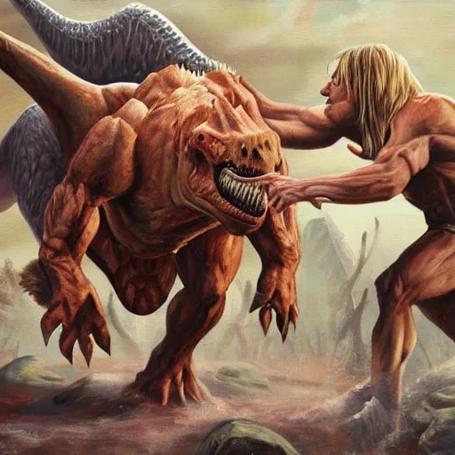 Prompt: a realistic muscular blonde neanderthal man fighting dinosaur, painting