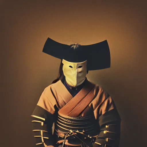 Image similar to a potrait of a samurai warrior taken in 1 6 3 0, in a circle, kodak 4 0 0, nft style, facing sideways, wearing an oni mask, grain, scretch, high quality, 8 k, photorealistic, real, old photo style