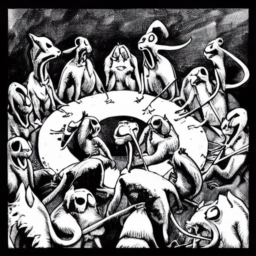 Image similar to black and white illustration by erol otus the pack of kobolds is crouched in a circle.