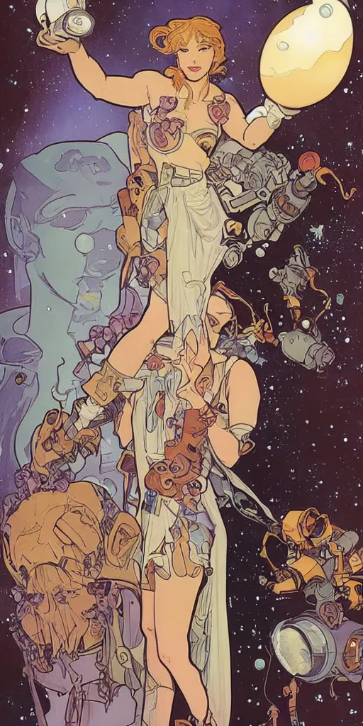 Image similar to a woman wearing outer space as a dress, pouring water from a vase into the milky way, by joe madura, by travis charest, by alphonse mucha, battle chasers.