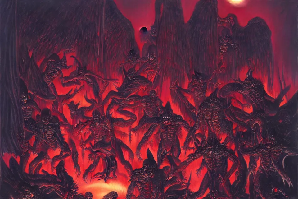 Prompt: satans fall from paradise into hell by mark riddict, james ryman, wayne barlowe.