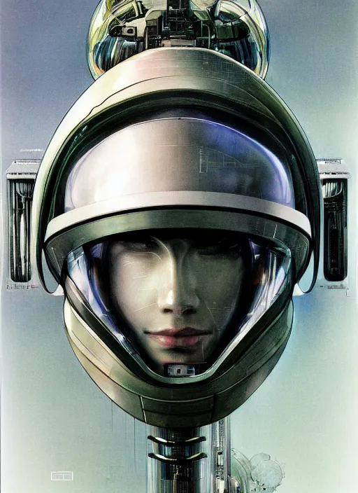 Prompt: a portrait of a scifi engineer, futuristic open face helmet, matte illustration by yoshitaka amano, cover art