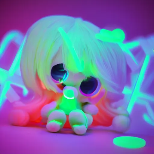 Image similar to cute fumo plush girl who is photoluminescent, jelly glow, neon lens flare, vray