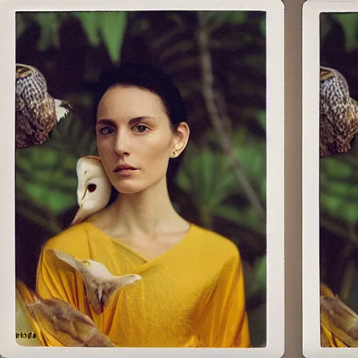 Image similar to head to shoulder grainy portrait Polaroid film photograph of an elegant top model wearing a yellow kimono with a very detailed barn owl on her shoulder!!! in a tropical greenhouse. looking at the camera!!. super resolution. Polaroid 600 film. art by Alessio albi and john william waterhouse and John Singer Sargent and greg rutkowski