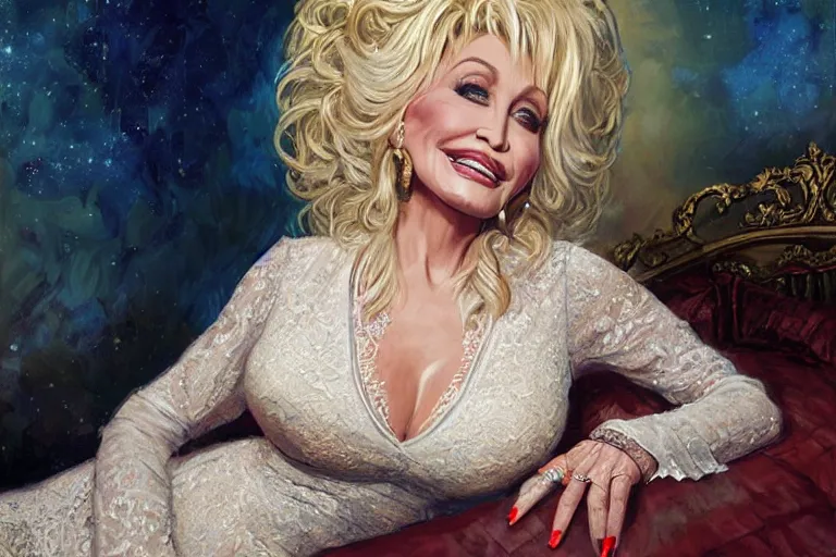 Prompt: portrait of dolly parton wearing a lace dress in bed, an oil painting by ross tran and thomas kincade