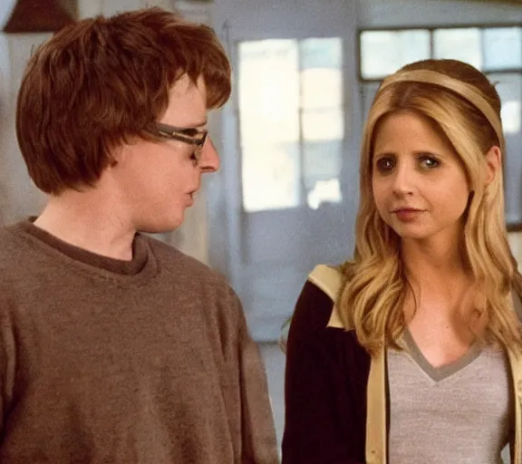 Image similar to a movie still of sarah gellar as buffy speaking to ron weasley in the movie harry potter