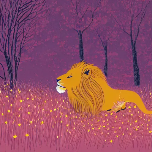 Prompt: Lion in a meadow with hornbeam, Behance, illustration, vector, sharp focus, 4k