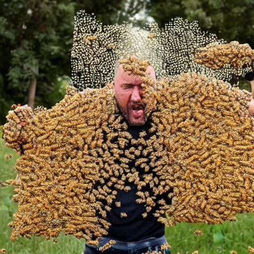 Prompt: man covered in bees, screaming and flailing