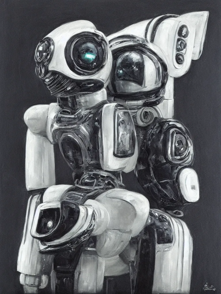 Prompt: “A perfectly centered beautiful black and white portrait oil painting of a retro-futuristic robot in Los Angeles”