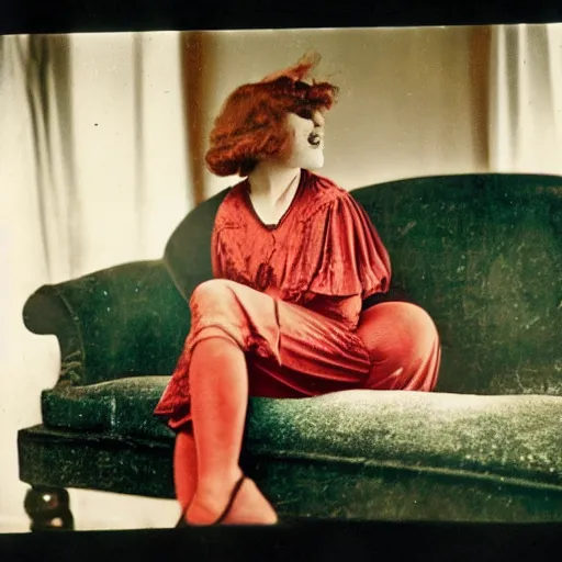 Image similar to a vintage 1 9 1 0 s kodachrome slide of a young woman at home sitting on a couch.