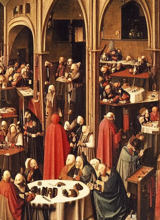 Image similar to date at the crowded medieval inn. Medieval painting, by Jan van Eyck