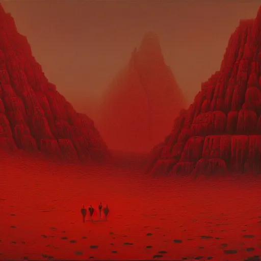 Image similar to only red colour, alien landscape filled with lithups, filigree ornaments, wadi rum, jordan, volumetric lights, beksinski