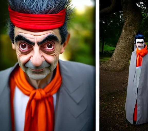 Image similar to award winning 5 5 mm close up portrait photo of mr bean as songoku, in a park by luis royo. soft light. sony a 7 r iv