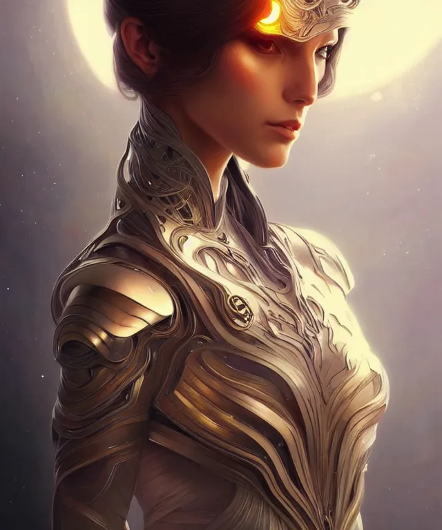 Image similar to futuristic dress woman portrait, sci-fi, amber eyes, face, long hair, fantasy, intricate, elegant, highly detailed, digital painting, artstation, concept art, smooth, sharp focus, illustration, art by artgerm and greg rutkowski and alphonse mucha