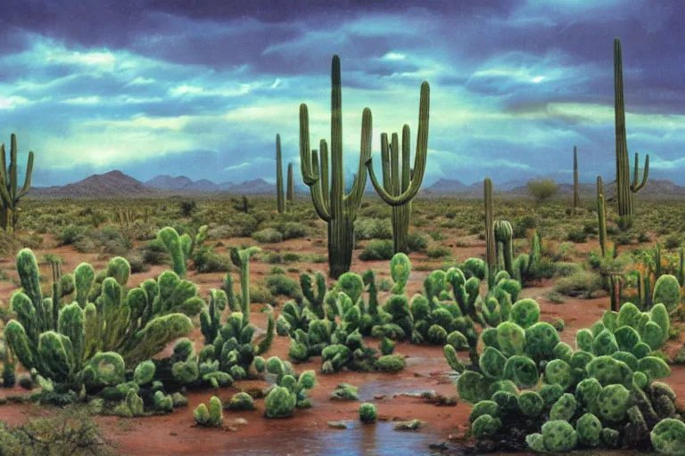 Prompt: a stormy monsoon rainstorm in the arizona desert, the sonoran desert landscape is filled with assorted cacti, mesquite trees and creasote bushes, water puddles, beautiful cloudy deep blue sky, by georgia o'keeffe and thomas kinkade and quentin mabille and geoffroy thoorens, trending on artstation