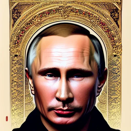 Image similar to a portrait of ( male ) putin, upper half portrait, decorated with russian motifs, traditional russia, intricate, rugged, highly detailed, symmetry, headpiece, digital painting, artstation concept art smooth sharp focus, illustration, art by artgerm and greg rutkowski alphonse mucha 8 k