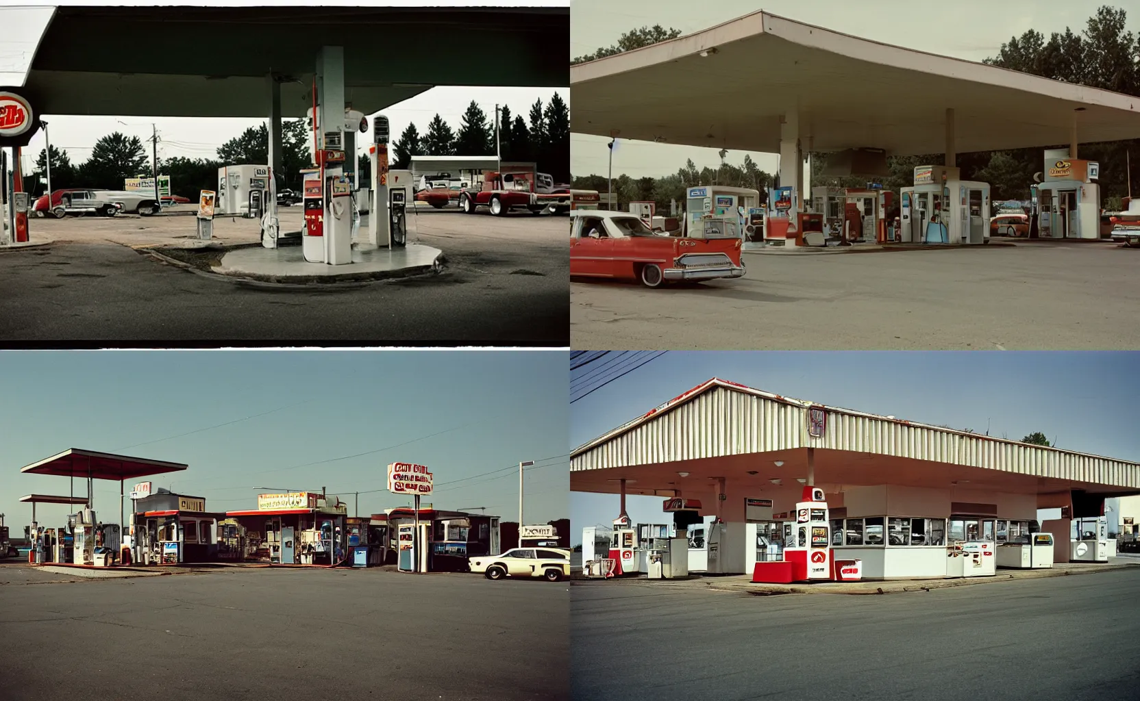 Prompt: the exterior of a greasy gas station, by William Eggleston