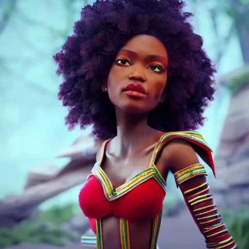 Image similar to beautiful afroame elf, clash royal style characters, unreal engine 5, octane render, detailed, cinematografic, cinema 4 d