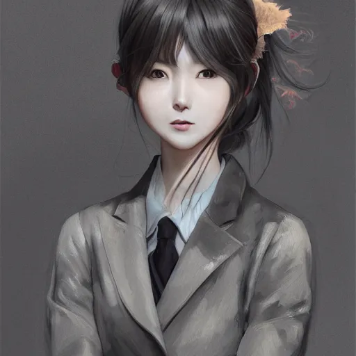 Image similar to dynamic composition, motion, ultra-detailed, incredibly detailed, a lot of details, amazing fine details and brush strokes, colorful and grayish palette, smooth, HD semirealistic anime CG concept art digital painting, watercolor oil painting of a young office lady, by a Chinese artist at ArtStation, by Huang Guangjian, Fenghua Zhong, Ruan Jia, Xin Jin and Wei Chang. Realistic artwork of a Chinese videogame, gradients, gentle an harmonic grayish colors.