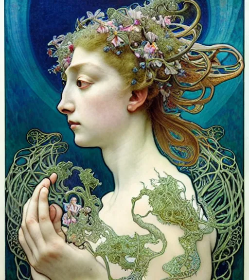 Image similar to beautiful orchid fairy detailed realistic porcelain face portrait by jean delville, alphonse mucha, iris van herpen and marco mazzoni, art forms of nature by ernst haeckel, art nouveau, symbolist, visionary, gothic, neo - gothic, pre - raphaelite, fractal lace, intricate alien botanical biodiversity, surreality, hyperdetailed ultrasharp octane render