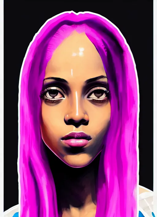 Image similar to portrait of teenage vanessa morgan with bright pink hair, black girl, curly pixie cut hair, wearing a purple breton cap, breton cap, hoop earrings, intricate, elegant, glowing lights, highly detailed, digital painting, artstation, concept art, smooth, sharp focus, illustration, art by wlop, mars ravelo and greg rutkowski