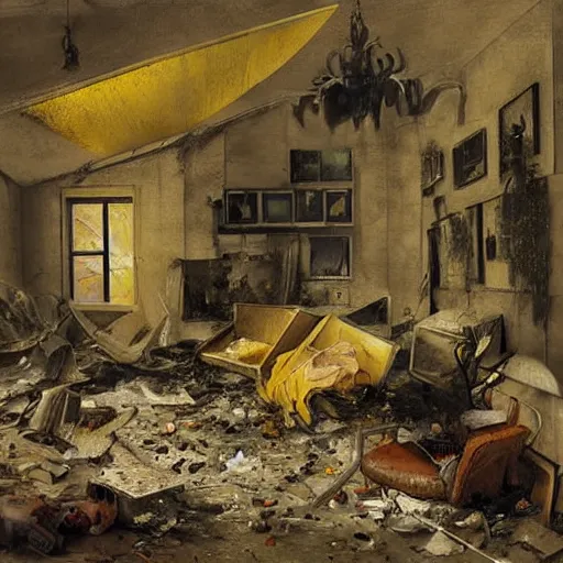 Prompt: by hendrick avercamp, by sabbas apterus warm yellow extemporaneous. a street art of a room that is wrecked, furniture overturned, belongings strewn about, & debris everywhere. the only thing left intact is a photograph on the wall shows a tidy, well - appointed space, with everything in its place.