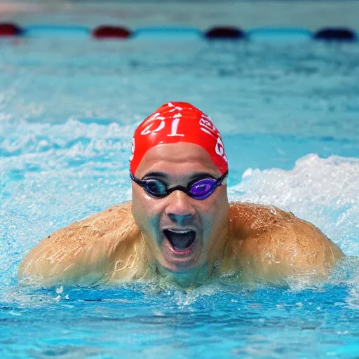 Image similar to a man finishing the 100 meter swim in record time