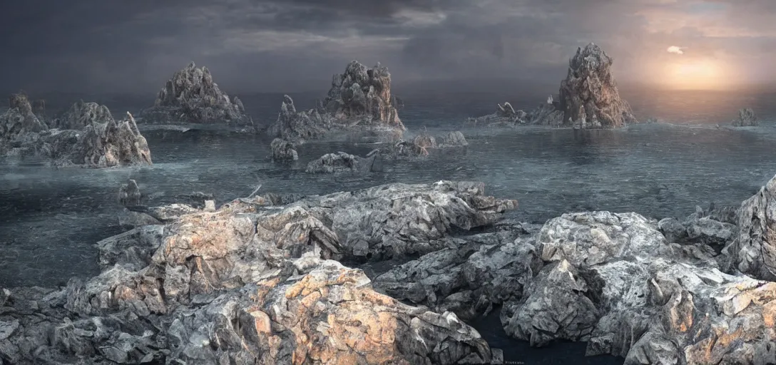 Image similar to octane render uhd, 8 k art photography, filmic lighting, cinematic art shot, hyperrealistic, hyperdetailed, super detailed, 8 k, high resolution, vast dark granite landscape with mysterious strangle glowing crystalline structure made of white rocks in the far distance, particle simulation, painting by ross tran and ivan aivazovsky, black water, sunset