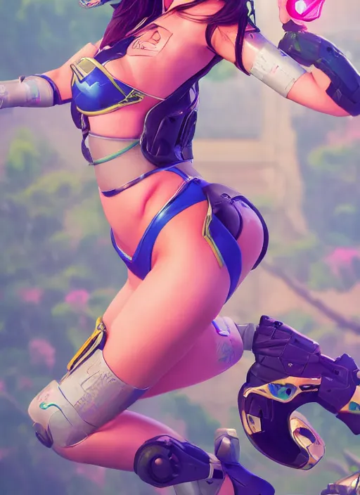 Image similar to d. va from overwatch in a plastic bikini, hyper detailed, digital art, trending in artstation, cinematic lighting, studio quality, smooth render, unreal engine 5 rendered, octane rendered, art style by klimt and nixeu and ian sprigger and wlop and krenz cushart