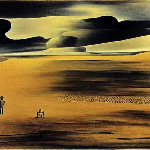 Image similar to a landscape portrait of black sunday during the dust bowl as imagined by salvador dali