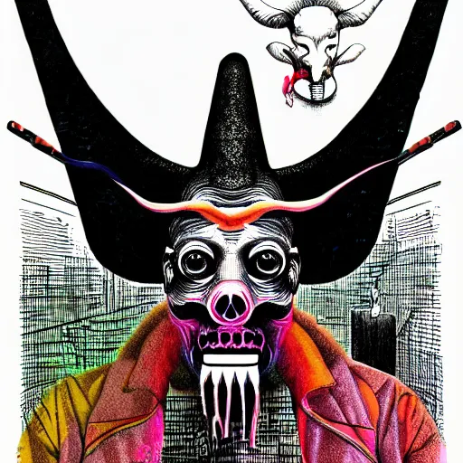 Image similar to graphic illustration, creative design, baphomet, biopunk, francis bacon, highly detailed, hunter s thompson, mixed media