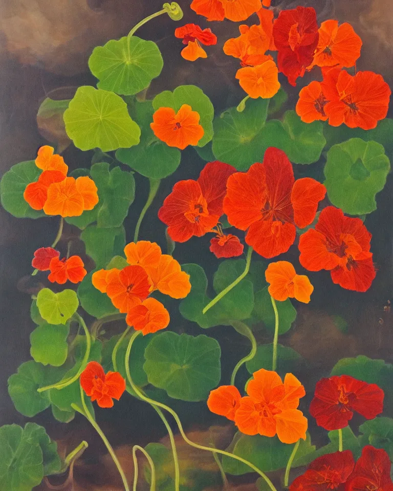 Prompt: fine painting of nasturtium and colourful smoke and dark flames.