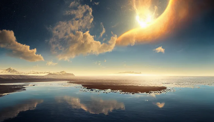 Image similar to solar eclipse in iceland, black sand, colorful clouds, blue sky, water reflection, jessica rossier, art station